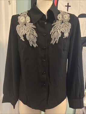Beaded Accent Black Button-Down Shirt